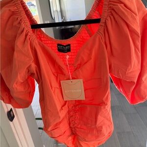 Kittenish Bright Coral Puff Sleeve Blouse